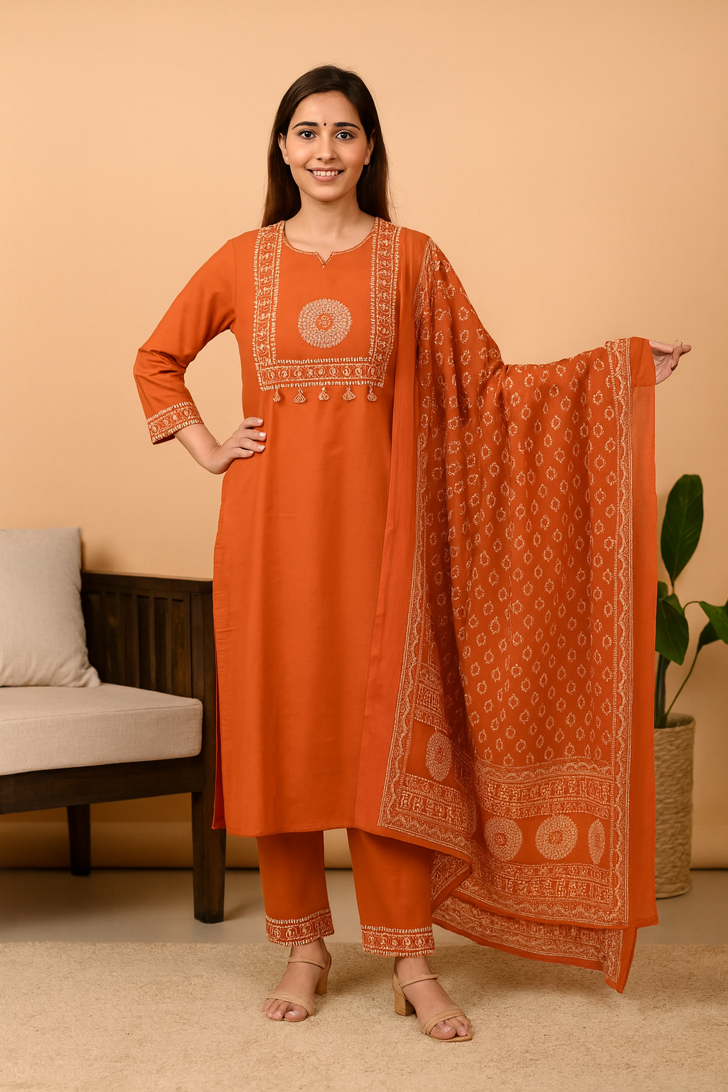 Cotton Dress with Mirror and Handwork - AZZLIAS WARDROBE